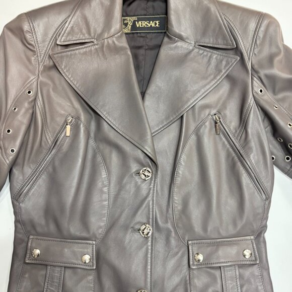 CRAZY COOL, SUPER RARE, NEW GIANNI VERSACE GRAY LEATHER PANT / JACKET SET 46 - Picture 3 of 16